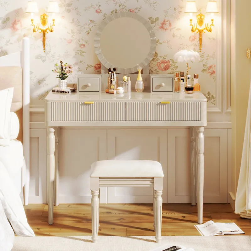 Luxury Vanity Desk with Round Mirror,Height-Adjustable, Stylish Dressing Table Set, 4 Drawers & Stool