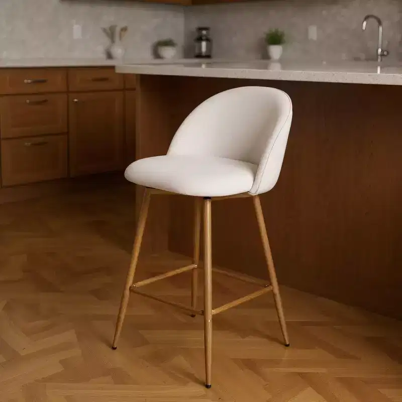 HomeRoots 27 Beige and Oak Fabric and Metal Low Back Counter Height Swivel Bar Chair