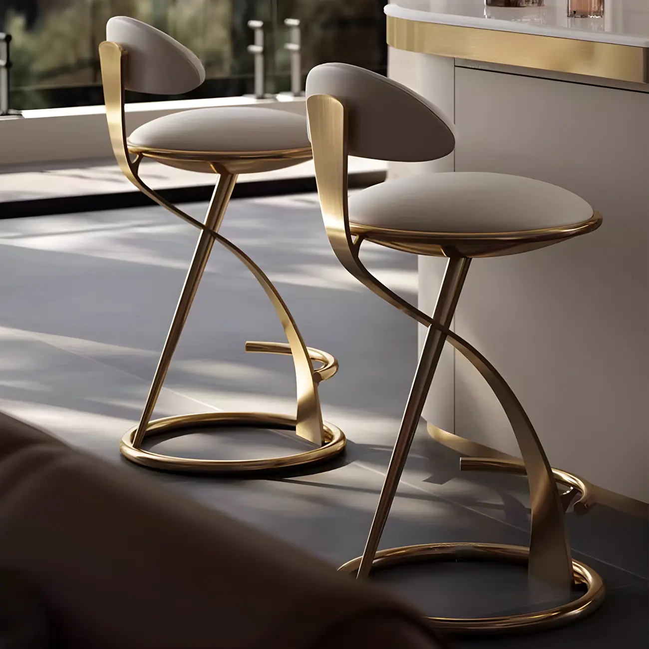 Luxury Gold Metal Frame Sleek Beige Leather Bar Stool