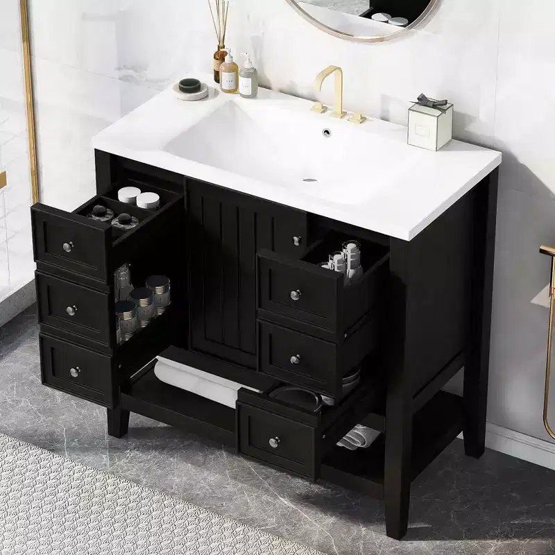 MAYEERTY 36 Bathroom Vanity with Sink 1 Cabinet 3 Drawers Solid Wood MDF Black
