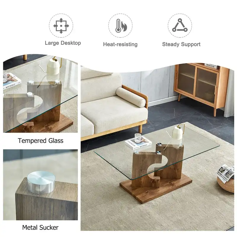 A rectangular modern and fashionable coffee table with tempered glass tabletop and white MDF legs