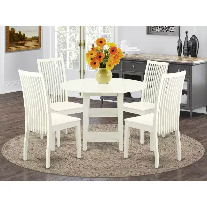 HomeStock 5-Pc Linen White Finish Solid Wood Top - Round Dining Room Set - Seats-4