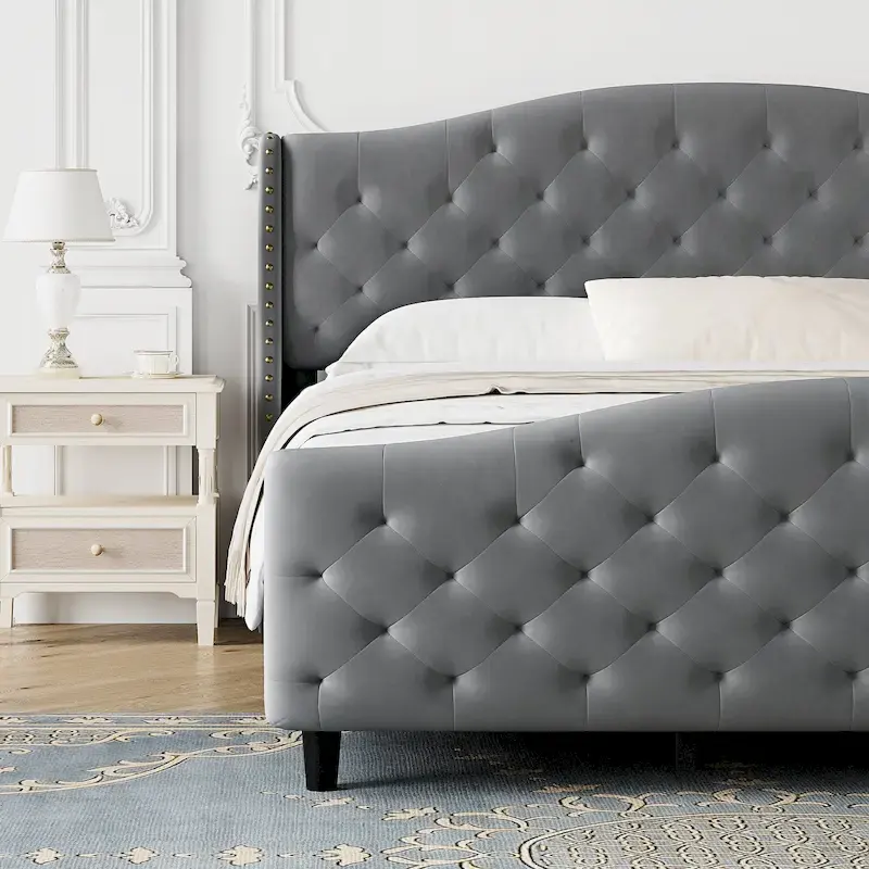 Bed Frame With Velvet Upholstered Headboard And Footboard