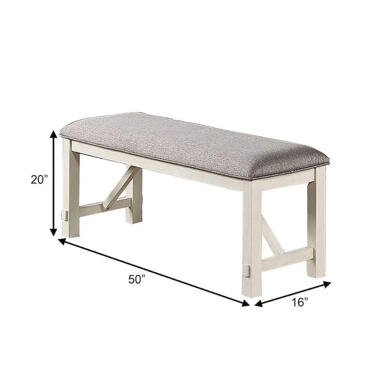 50 Inch Dining Bench, Fabric Padded Seat, Rubberwood, Gray and White