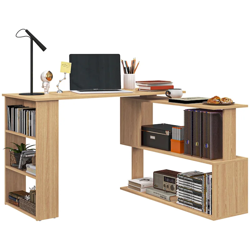 L-Shaped Computer Desk with Shelves - Brown Wood