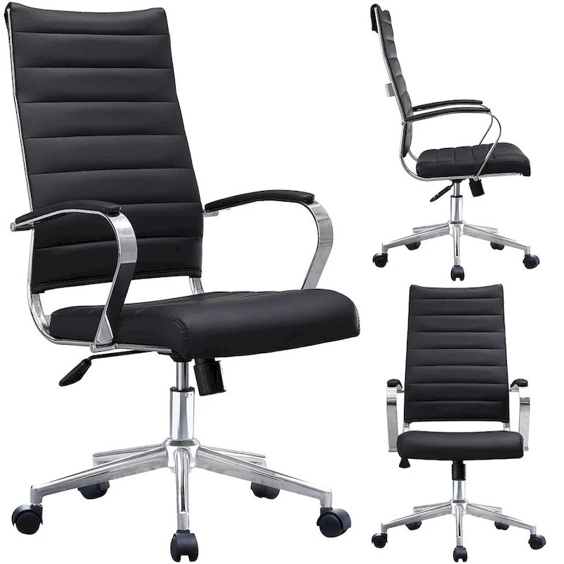 Modern High Back Office Chair Ribbed PU Leather Swivel Tilt Conference Room Computer Desk Cushion Seat Boss