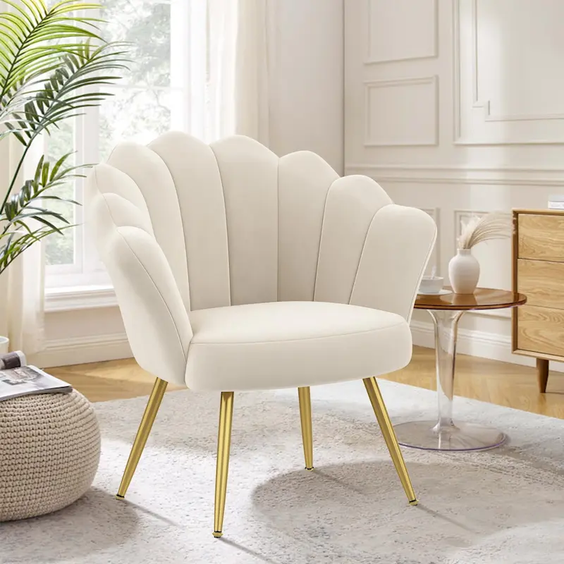 Velvet Gold Cute Vanity Chair with Back for Makeup Room, Upholstered Shell Shaped Accent Chair
