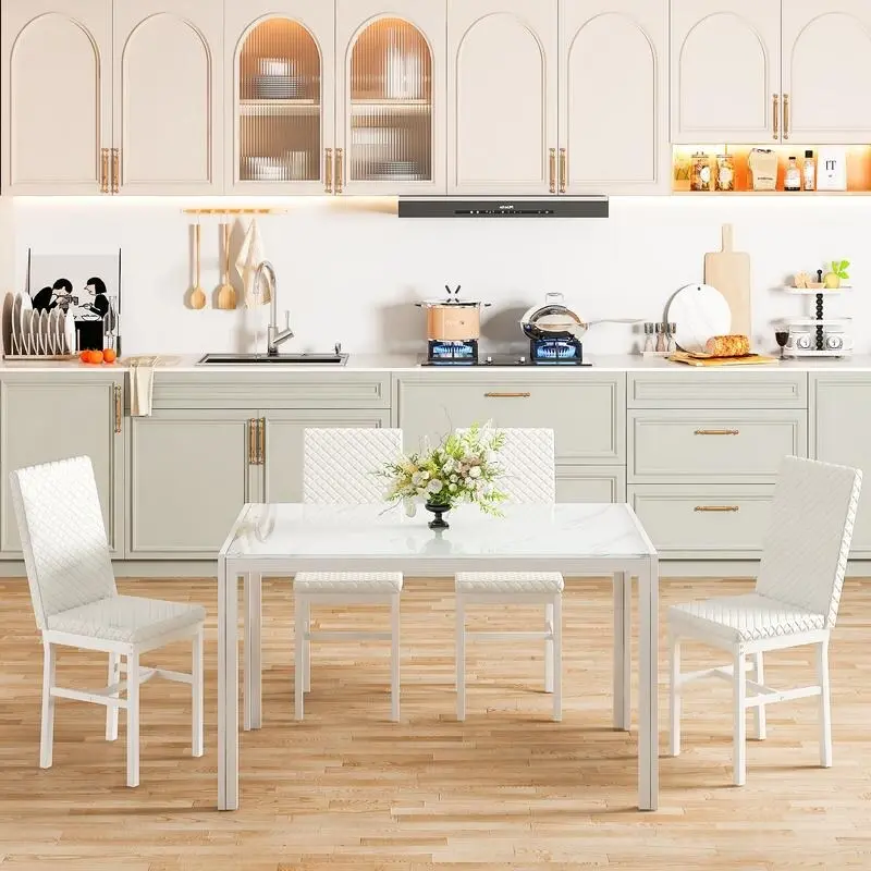 Modern Dining Room Table with Tempered Glass Tabletop and Diamond Stitching PU Leather Chairs