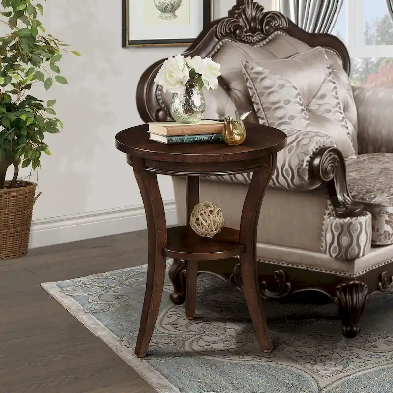 Round Wood End Table with Open Shelf – Espresso, MDF & Rubber Wood