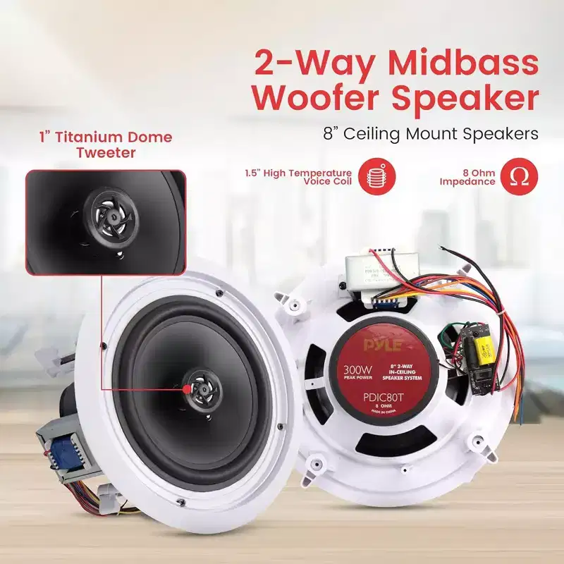 8 Ceiling Wall Mount Speakers for Home Audio with High-Quality Sound, Easy Installation, White Finish