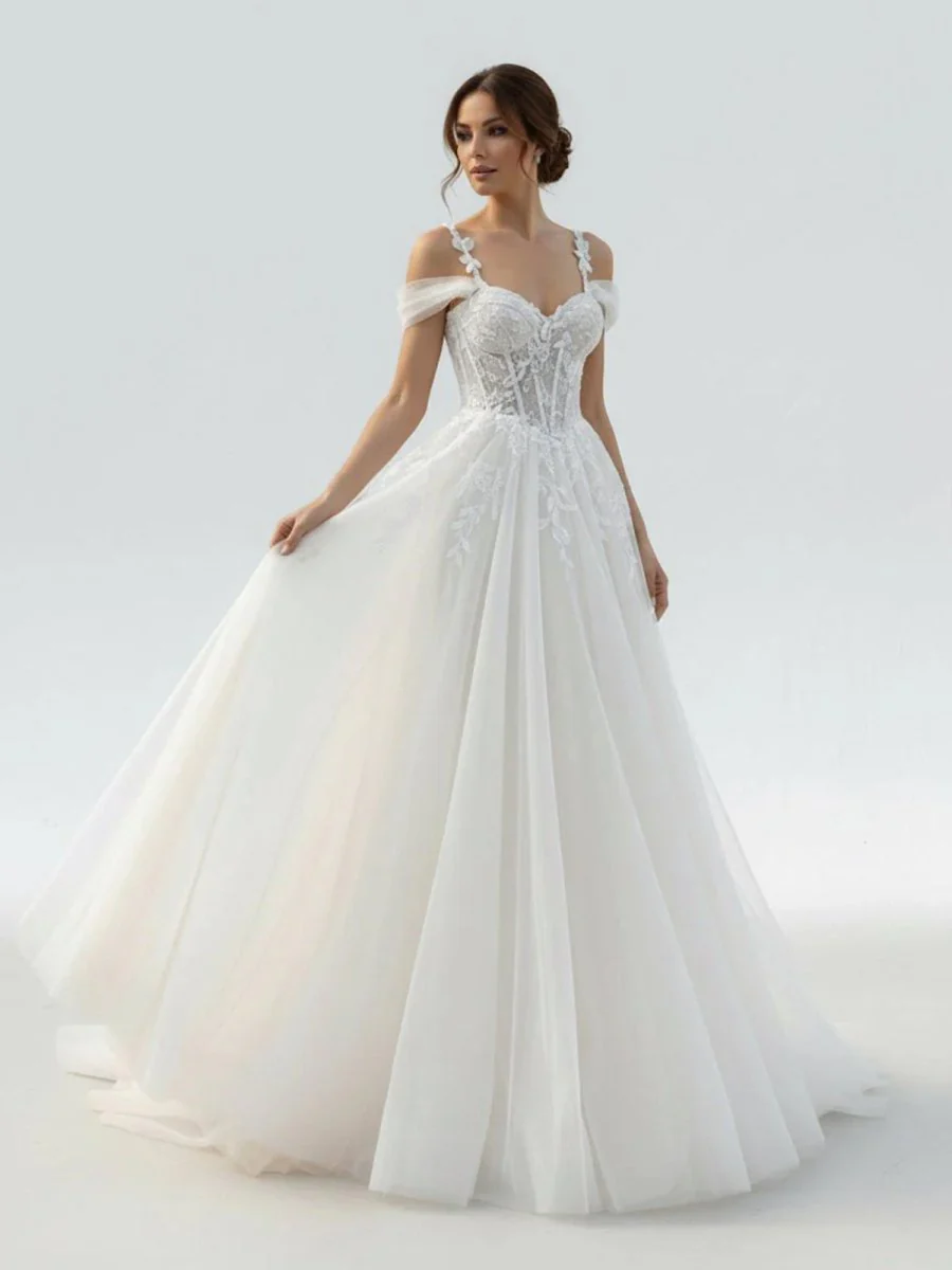A-Line Off-The-Shoulder Tulle Wedding Dresses With Appliques Lace