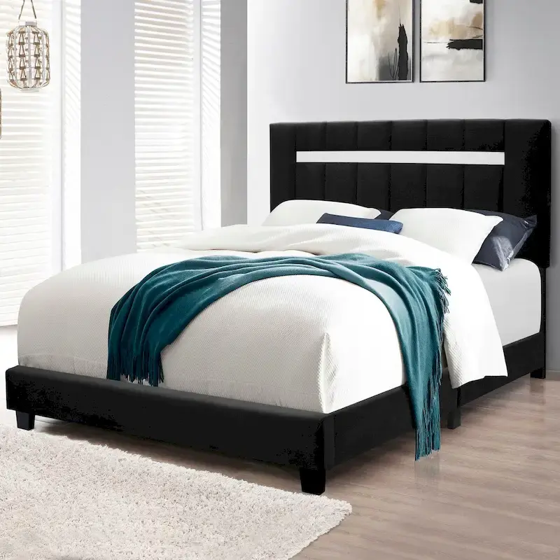 Queen Size Velvet Upholstered Bed Frame, Black / Pink / Green, Adjustable Height, Fits 2
