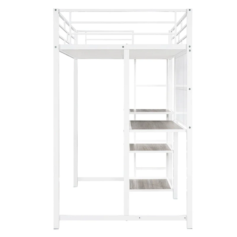 White Twin Metal Loft Bed with Desk & Shelves