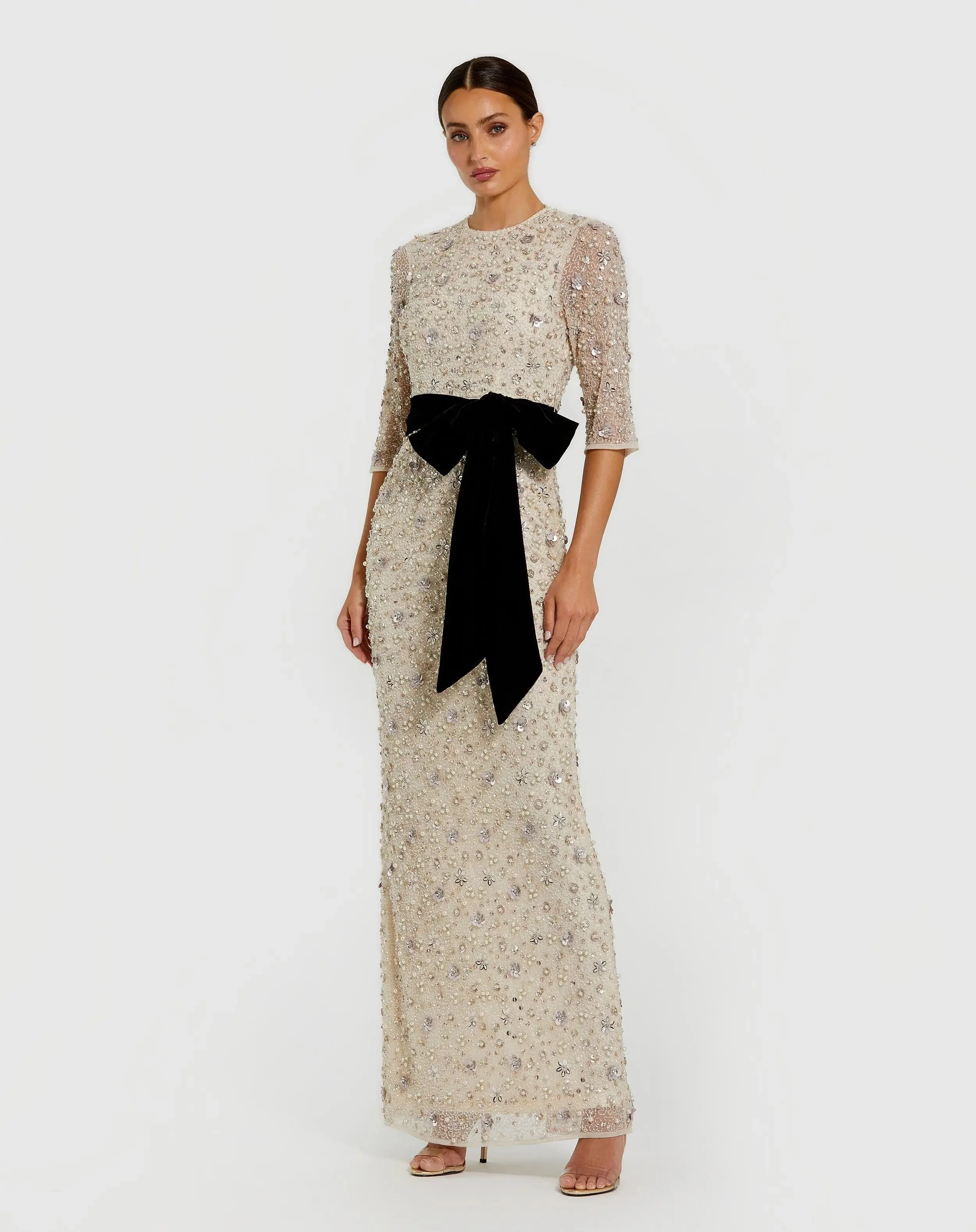 Ivory 3/4 Sleeve Embellished Column Gown with Velvet Bow Belt