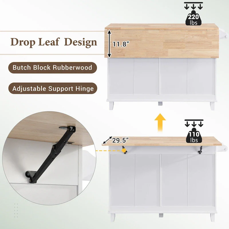 Topmax Farmhouse Kitchen Island Set With Drop Leaf And 2 Seatings