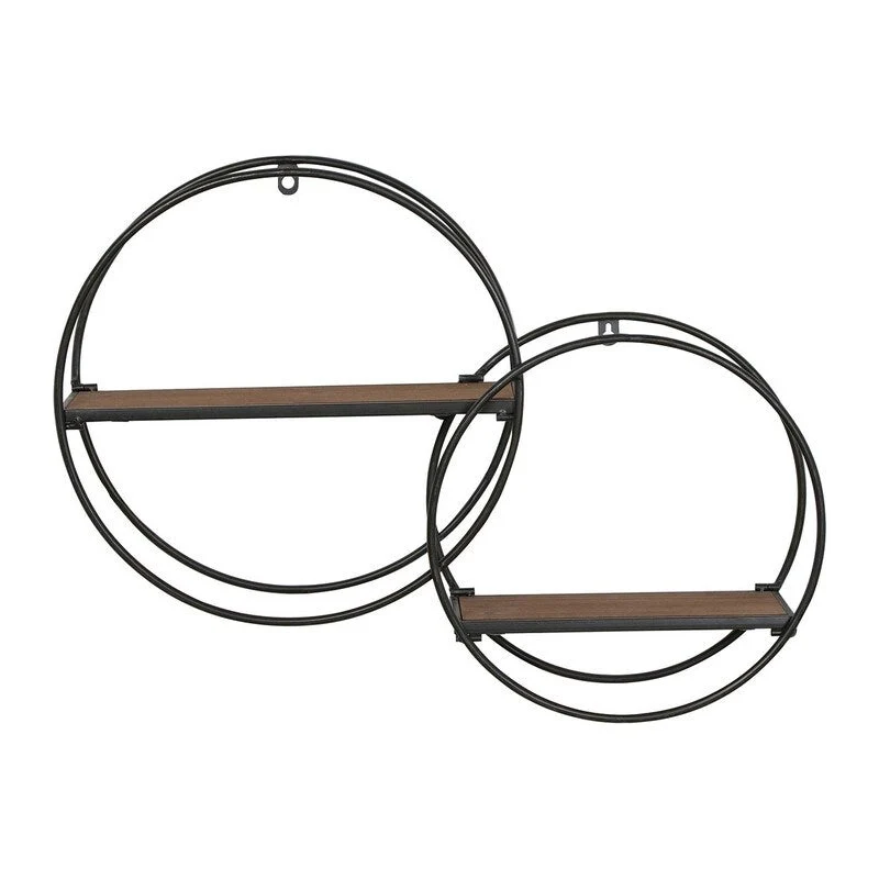 Floating Wall Shelf, Round Metal Frame, 2-Tier Wood Shelves, Geometric Design, Brown, 1-Person Use