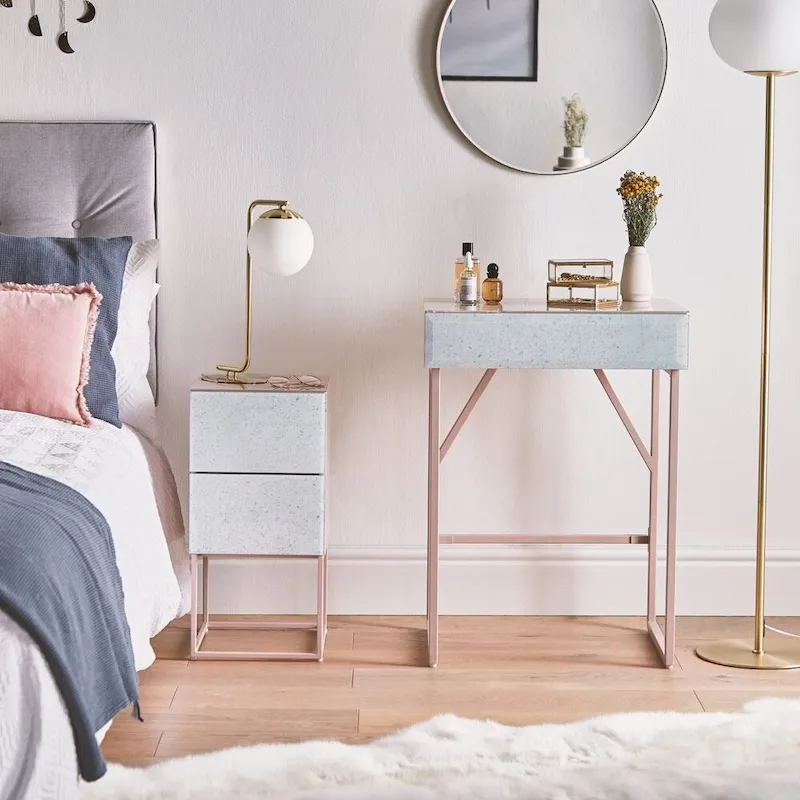 Marble Pattern Double Drawer Nightstand with Tempered Glass Top