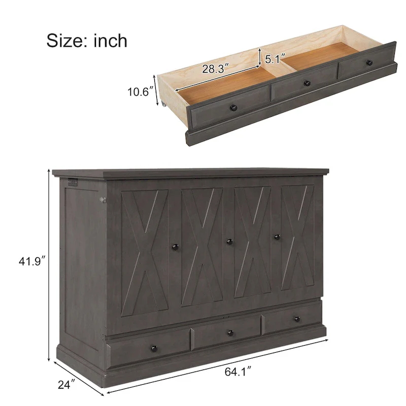 Solid Pine Murphy Bed Chest Cube Cabinet Bed with Drawer