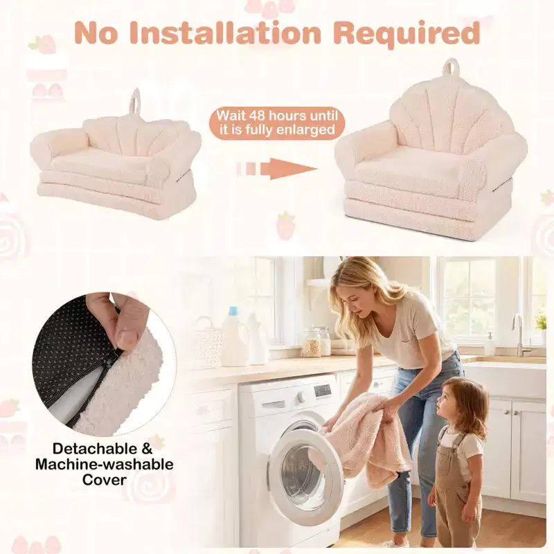 Costway Fold-out Kids Sofa 2-in-1 Convertible Toddler Couch & Lounger with Non-slip Base Beige/Green/Pink