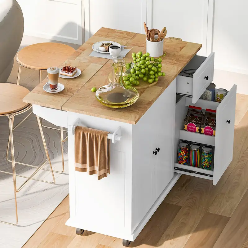 53.9 Width Rolling Kitchen Island with Drop Leaf and 3 Tier Pull Out Cabinet