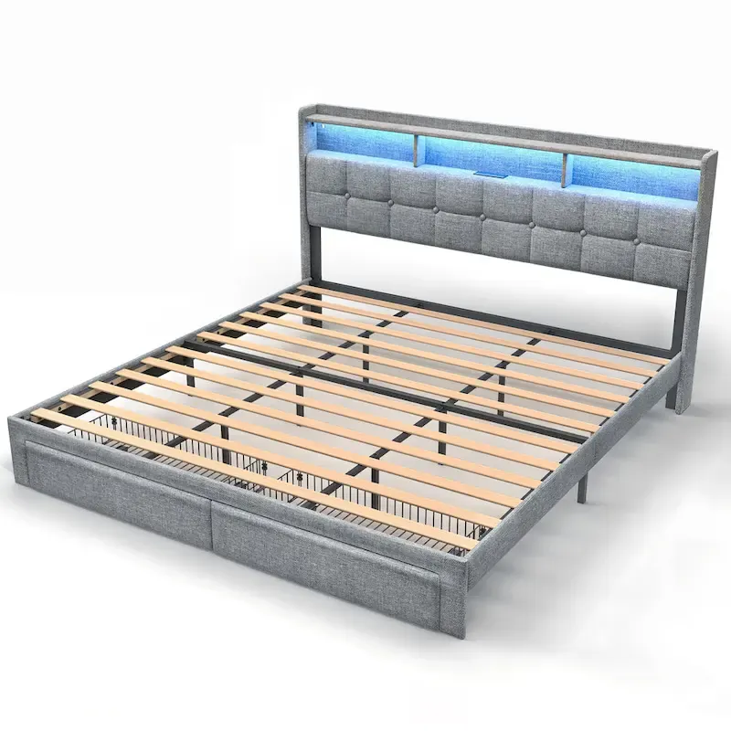 King Size Platform Bed with Fast Charging Station & Storage Headboard , RGB Lighting, 20W USB Ports