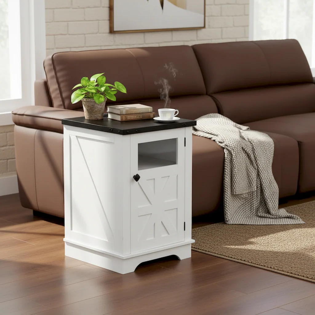 White / Black Rustic Wooden Nightstand with Barn Door, Charging Station & 3-Tier Storage – Farmhouse Style, Bedroom Use