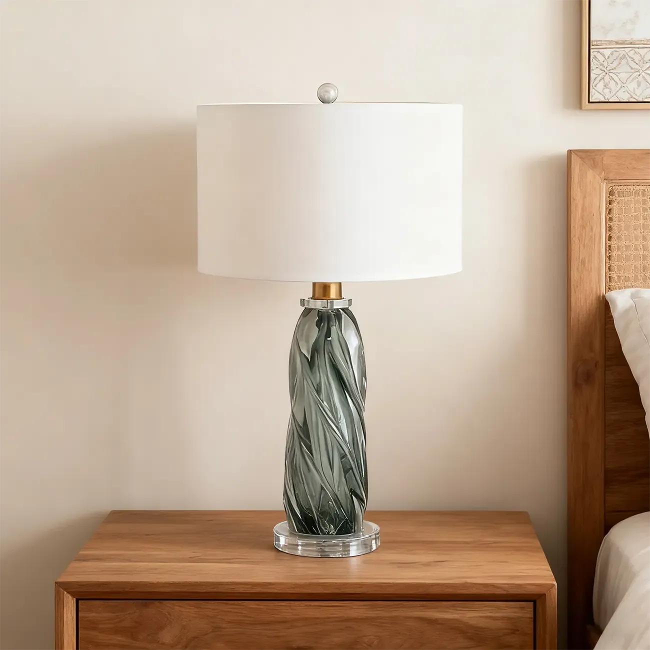 Modern Green Twisted Glass Table Lamp with Fabric Shade