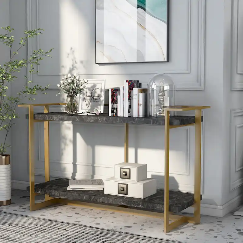Lovell Glam Gold and Black 51-inch Faux Marble 1-Shelf Sofa Table by Furniture of America
