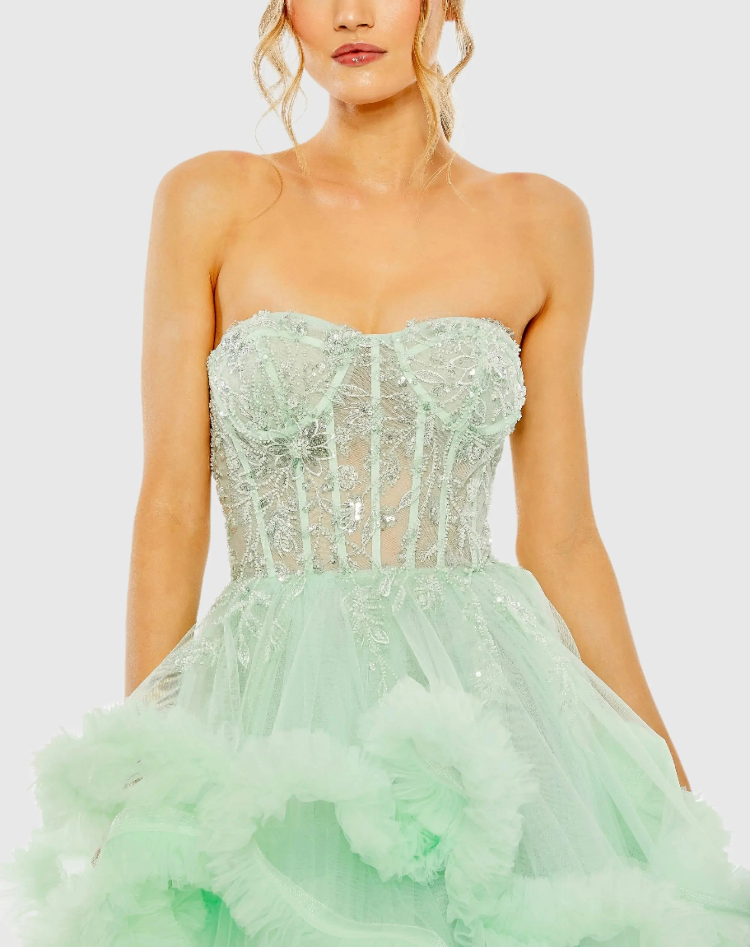 Green Strapless Corset Detail Tulle Layered Gown