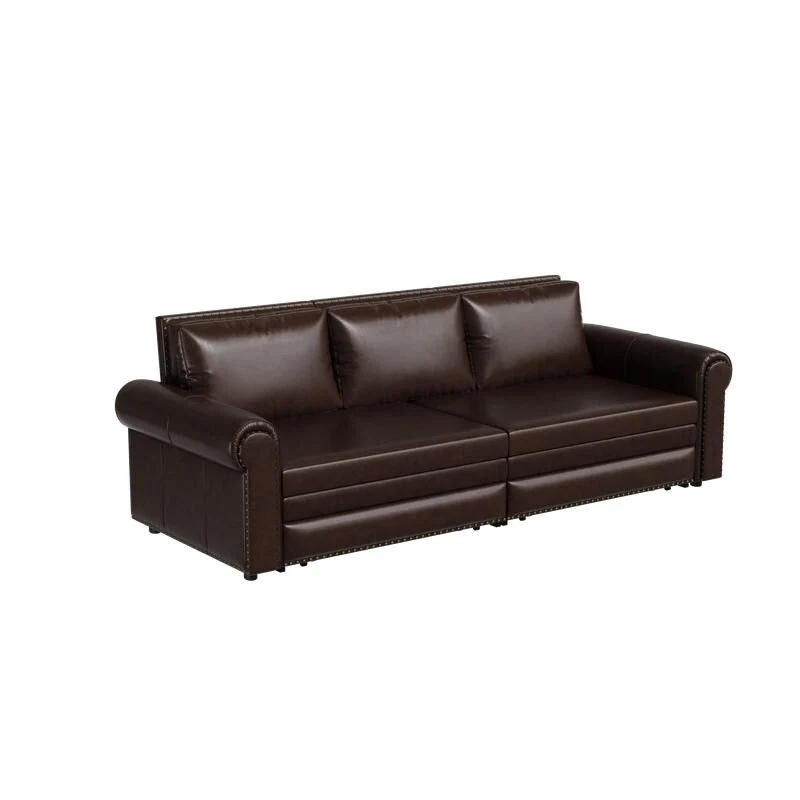 Chesterfield Sofa Bed, King Pull Out Sofa Bed, Velvet/Faux Leather Convertible Sleeper Sofa w/ Nailhead Trim & Rolled Arm
