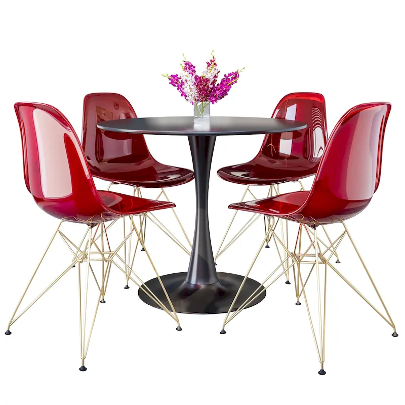 5-Piece Dining Set with 35 Round MDF Table and 4 ABS Plastic Side Chair with Gold Metal Legs