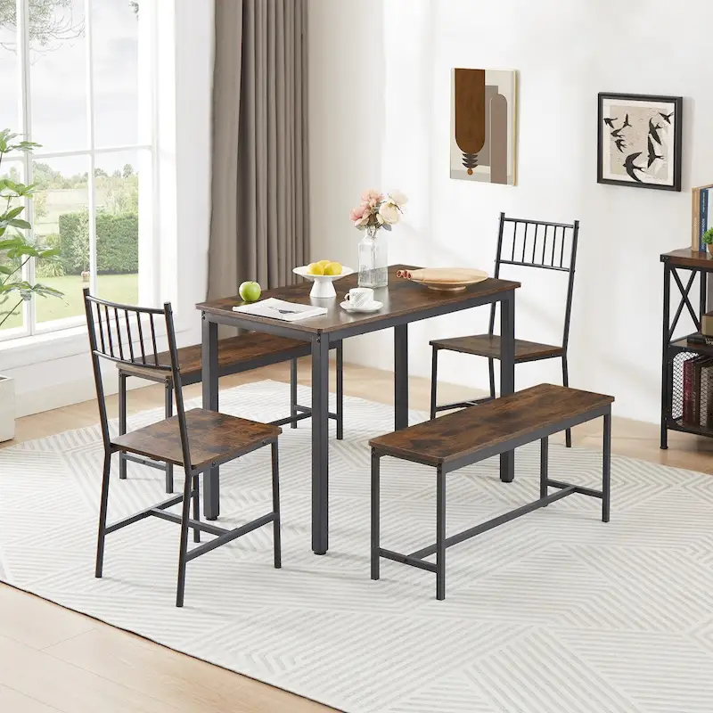 Brown / Grey Industrial Dining Table Set with 2 Benches & 2 Back Chairs, Seats 4