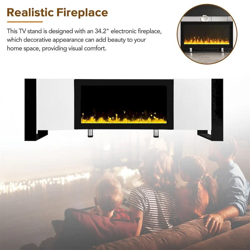 Modern TV Stand with 34.2 Non-heating Electric Fireplace and Cabinets