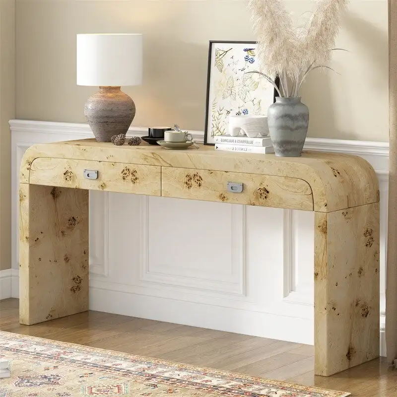 Retro Style Console Table with 2 Storage Drawers, Modern Entryway Table Sofa Table with Sleek Minimalist Legs for Living Room