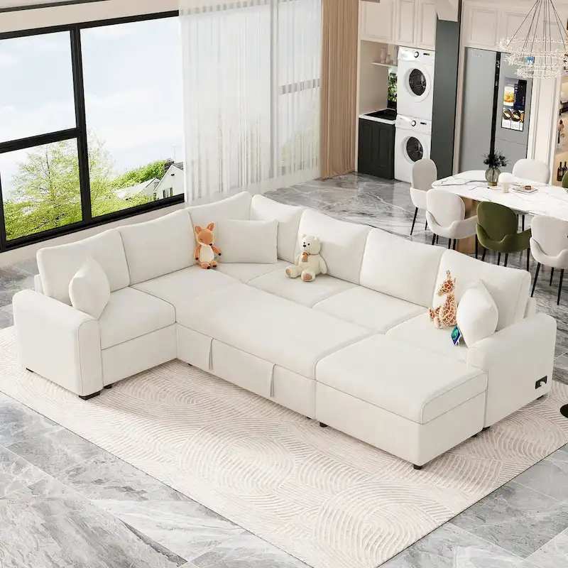 Roomfitters Sectional Sofa Pull-Out Bed Sleeper with Storage Ottoman, Three Pillows, and Built-In Charging Devices