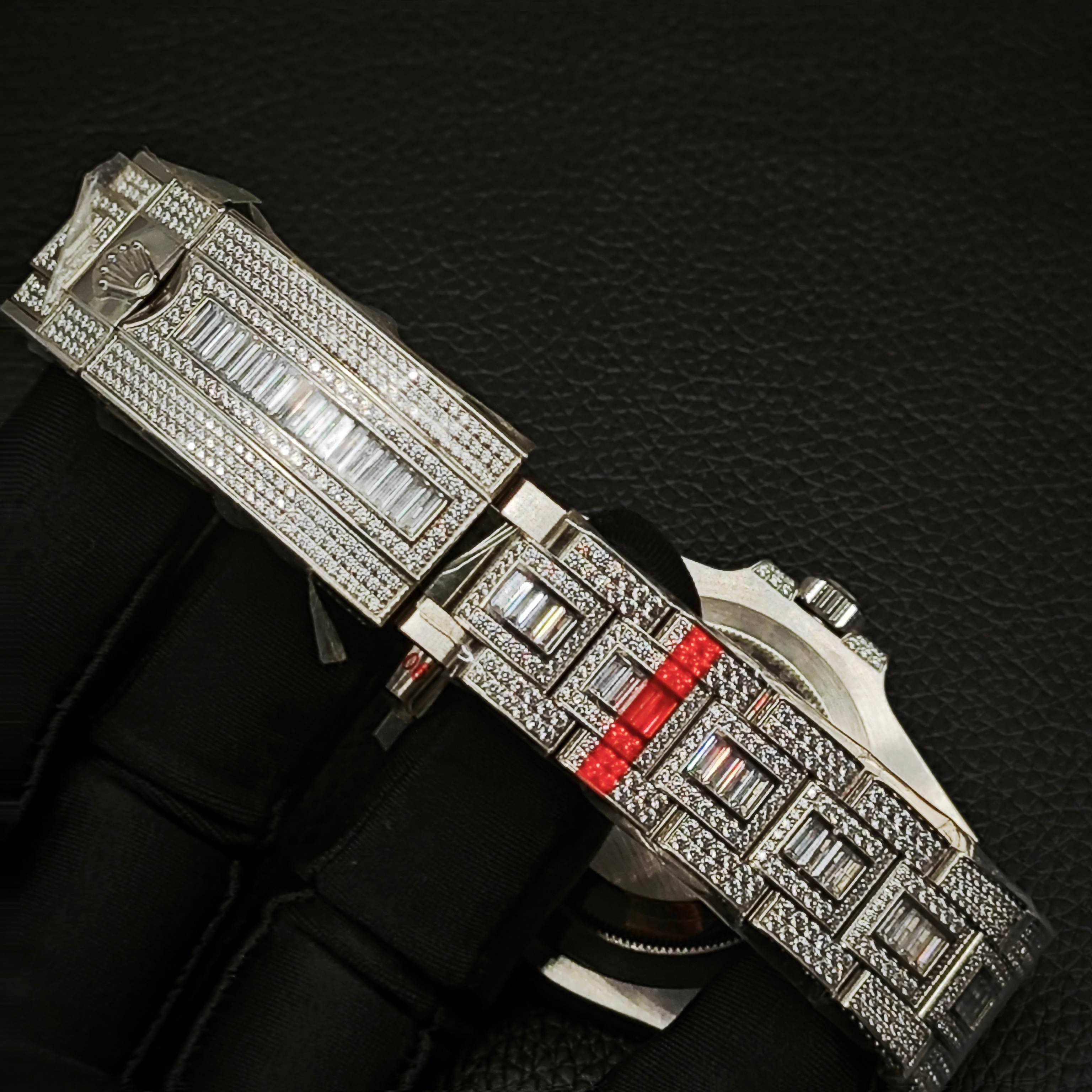 Iced Rolex replica bracelet clasp with baguette stone setting