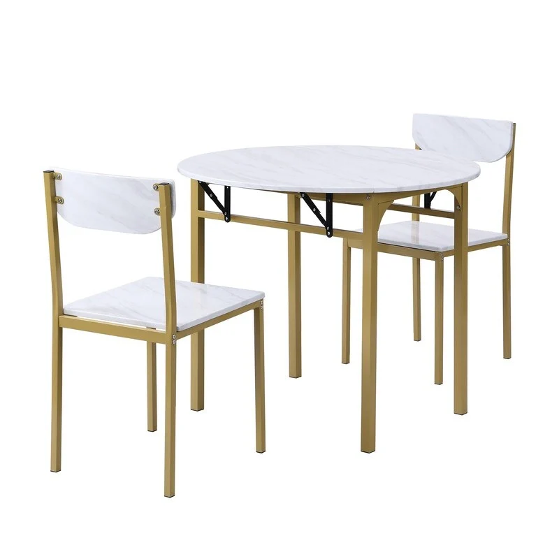 3 Piece Drop Leaf Dining Table Set, Modern Counter Height Round Dining Set with 2 Chairs, Wood Small Kitchen Table Set