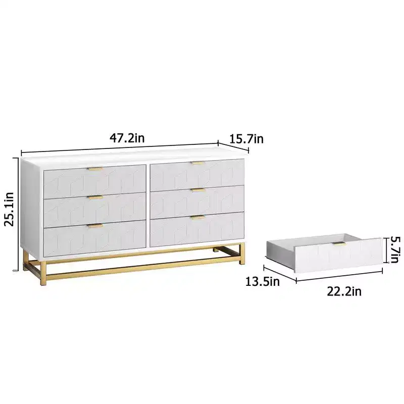 Coolmee 6 Drawers Dresser for Bedroom, Chest of Drawers, Modern Wood Dressers with Gold Metal Handles for Hallway, Entryway
