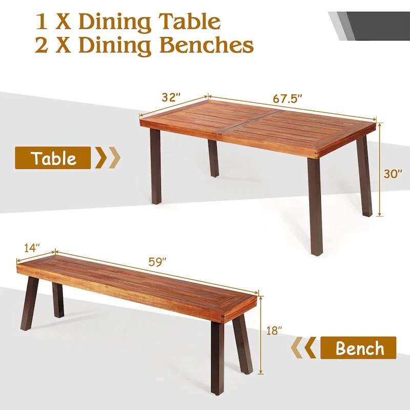 Costway 3 Pieces Picnic Table Set Acacia Wood Table Bench with Steel