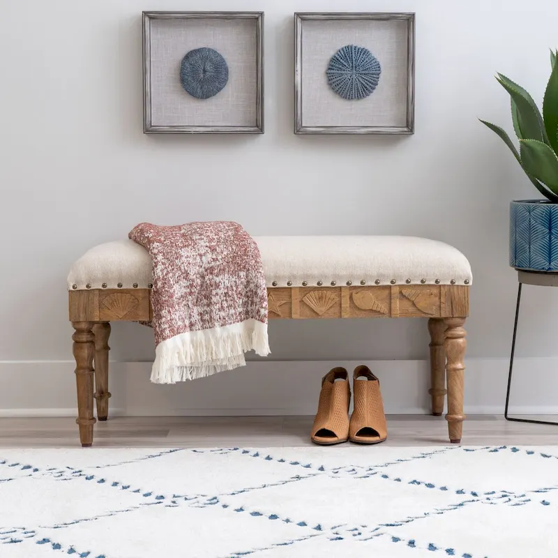 Upholstered Seashell Entryway Bench – Brown & Beige / Blue & White – 1-2 Person