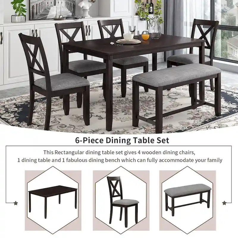 6-Piece Wooden Kitchen Dining Table Set with 4 Chairs and Bench