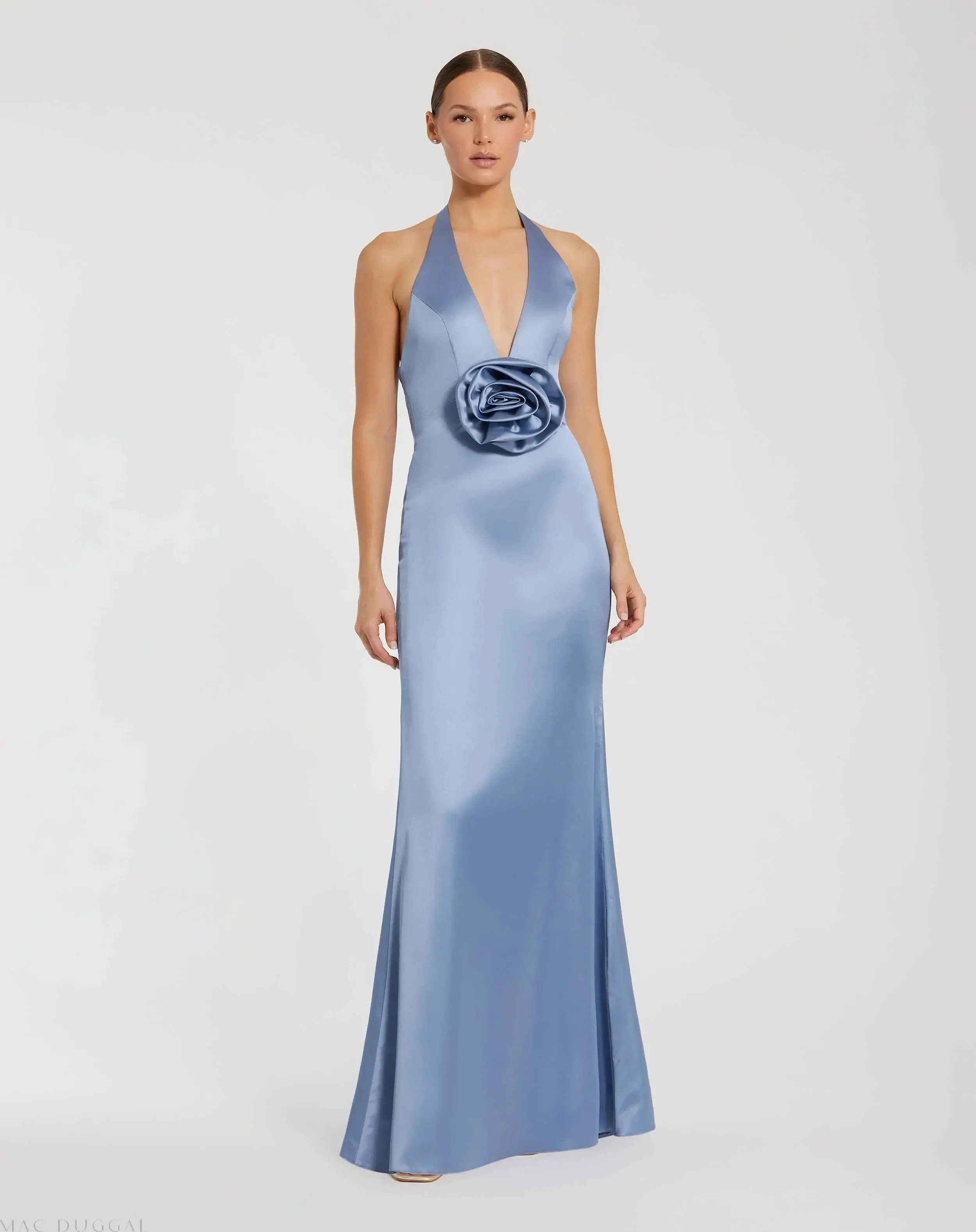 Blue Satin Halter Slip Dress with Rosette Detail