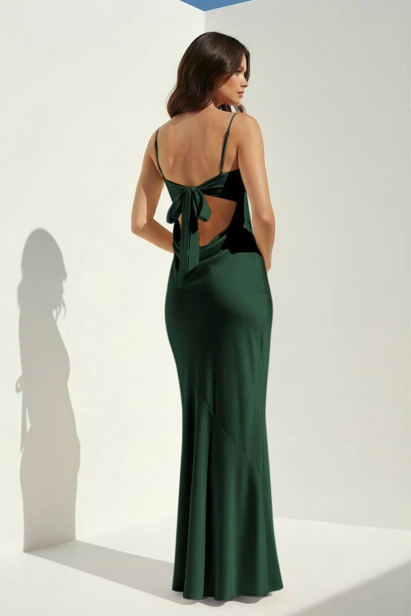 Yellow Spaghetti Straps Sheath Satin Open Back Long Prom Dresses