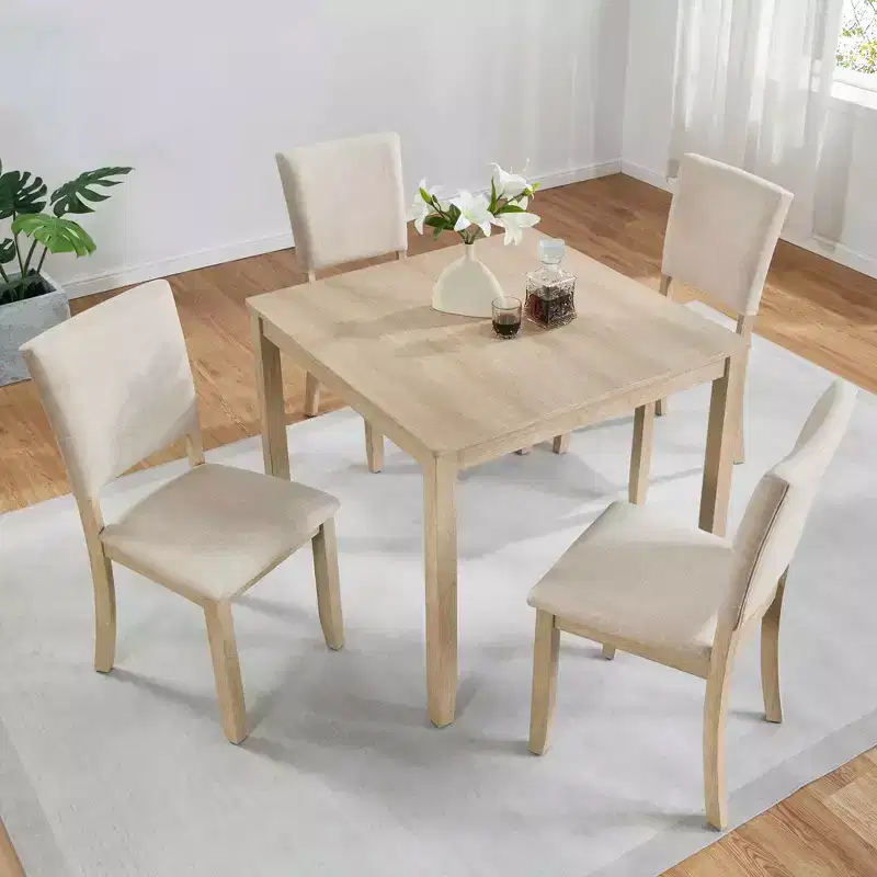 MAYEERTY 5-Piece Modern Dining Table Set for 4, Light Oak + Beige Wooden Set for Kitchen Living Room