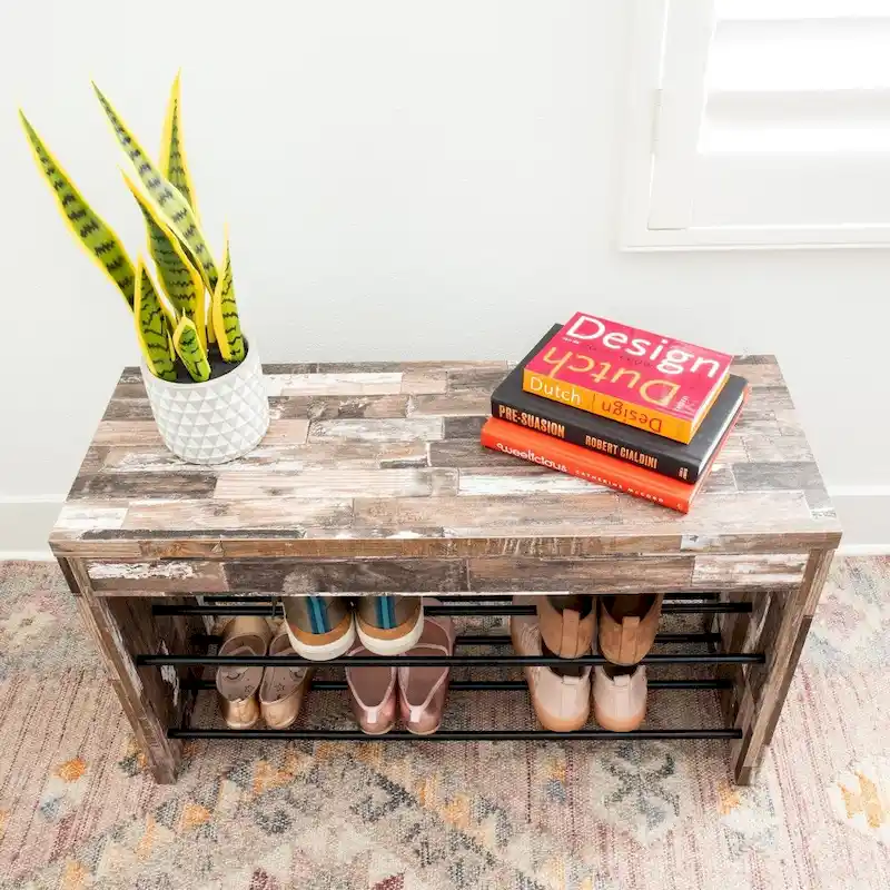 Two-Tier Shoe Bench - Brown Distressed Wood with Iron Shelves