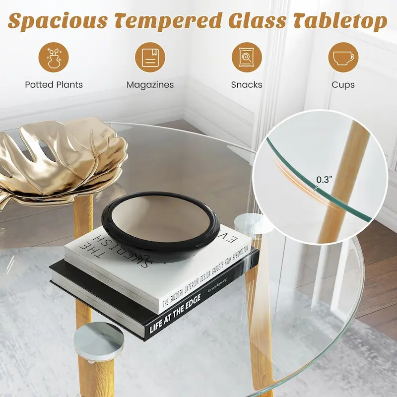 Gymax 5 PCS Dining Set Round Tempered Glass Table 4 Fabric Chairs