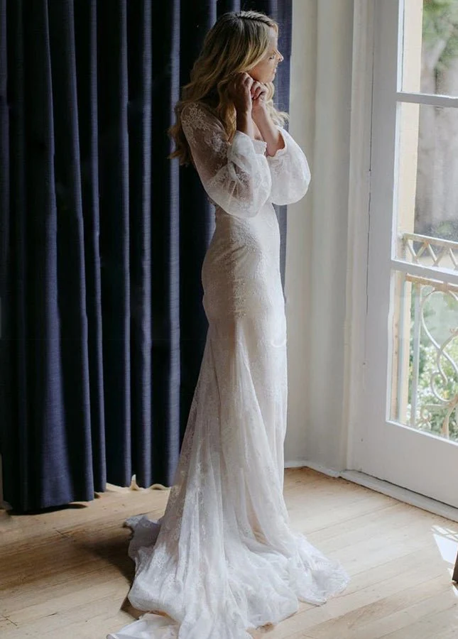 Long Lartern Sleeve Mermaid V-Neck Backless Lace Bohemian Wedding Dresses