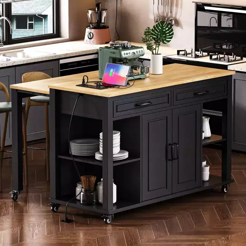 47 inch Black Kitchen Island with Extendable Dining Table, Rubber Wood Veneer Kitchen Table with Internal Storage Rack