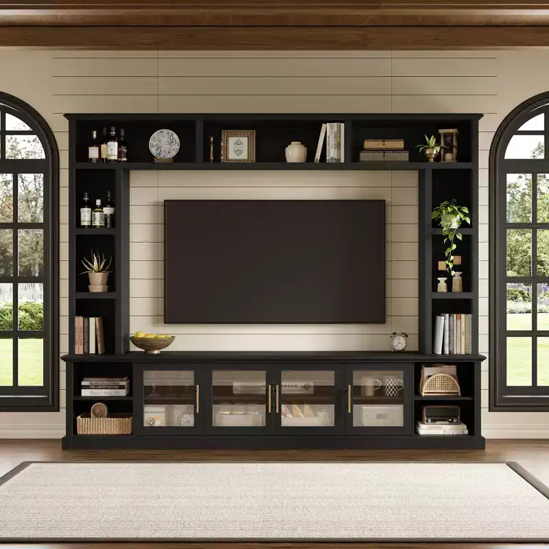 GDFStudio Kaisen Modern TV Entertainment Center with Bookshelves and Tempered Glass Door
