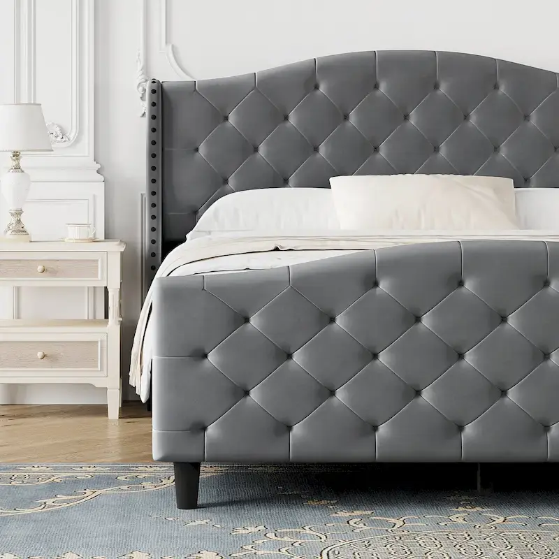 Bed Frame With Velvet Upholstered Headboard And Footboard
